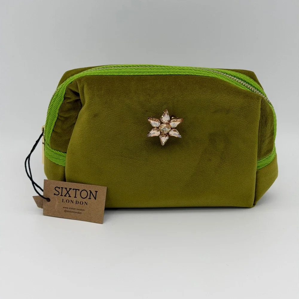 Sixton London Makeup Cosmetic Bag Green Velvet w/ Star Pin
